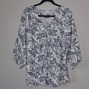 Bloomchic Blouse White Blue Floral Tropical Print Tie Front Long Sleeve US 22-24